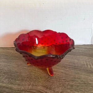 Vtg Amberina Hobnail Three  Footed Bowl